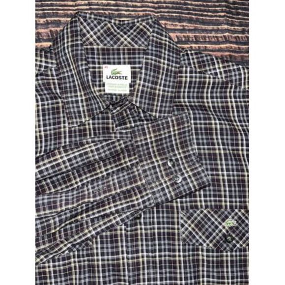 Lacoste Button Down Shirt Mens Size 40 Large Multicolor Plaid 2 Pocket Logo - Picture 1 of 6